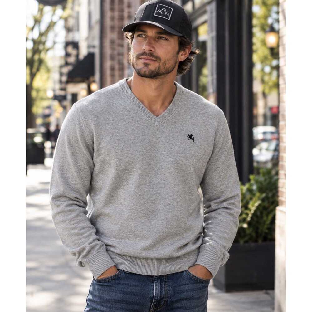 Express Sweater Mens Medium Gray Pullover V-Neck Preppy Business Sweatshirt Logo